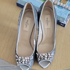 Valentino Embellished Silver Peep-Toe Heels